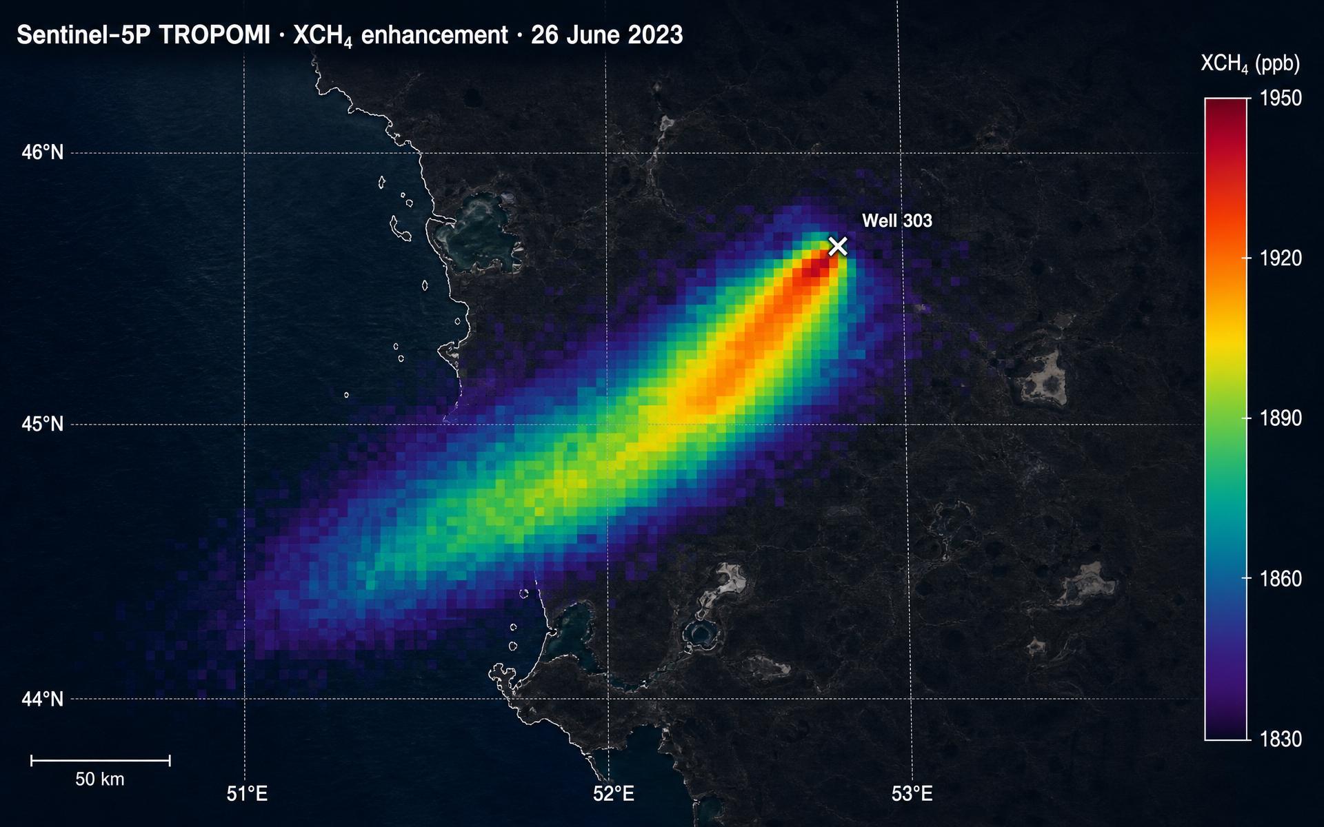 Illustrative Sentinel-5P TROPOMI XCH4 column enhancement map over the Karaturun East field, showing an elongated methane plume extending southwest from well 303 on the 26 June 2023 overpass.