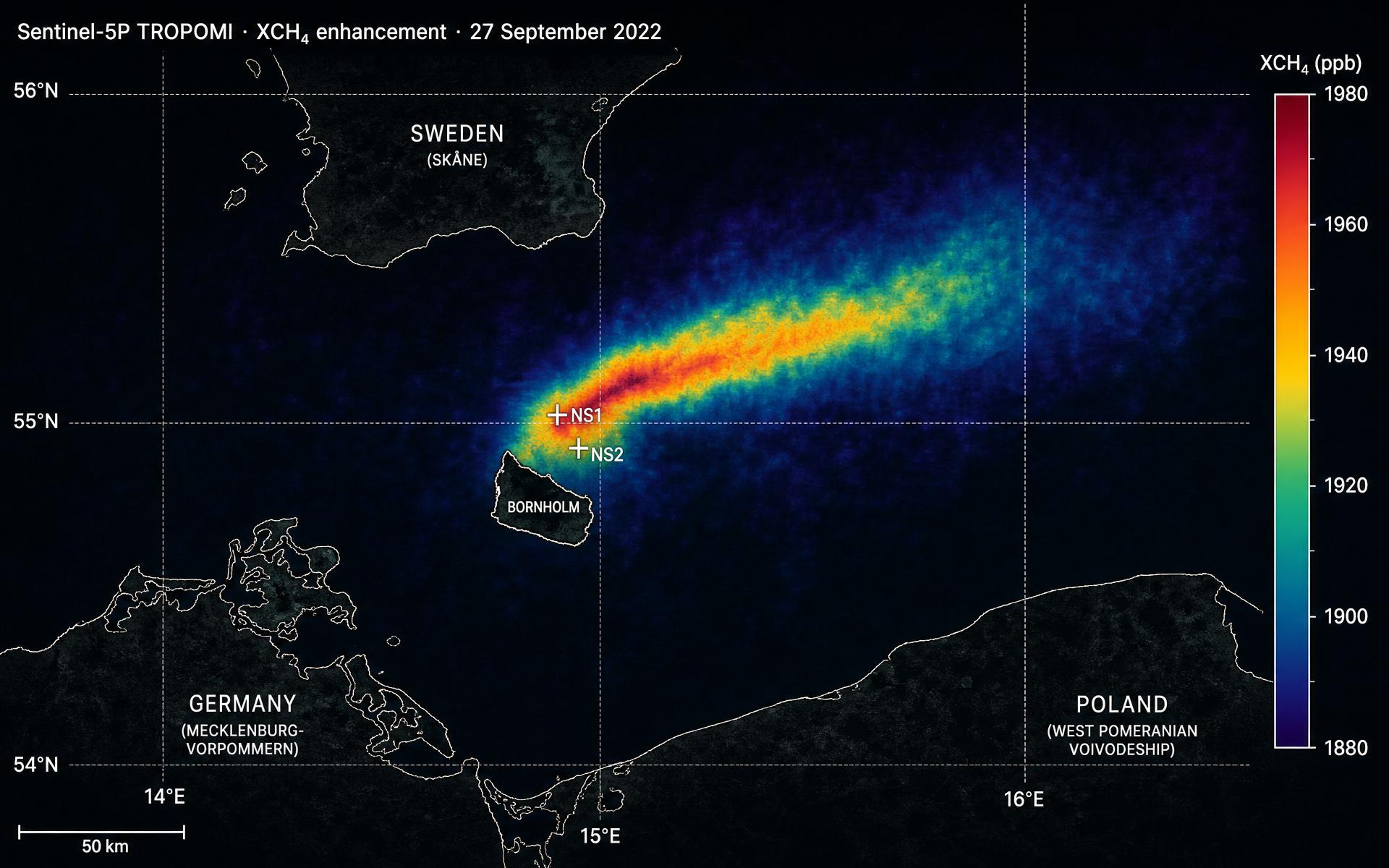 Sentinel-5P TROPOMI XCH₄ enhancement on 27 September 2022 showing an elongated methane plume drifting east-northeast from the Nord Stream 1 and 2 rupture sites north of Bornholm.