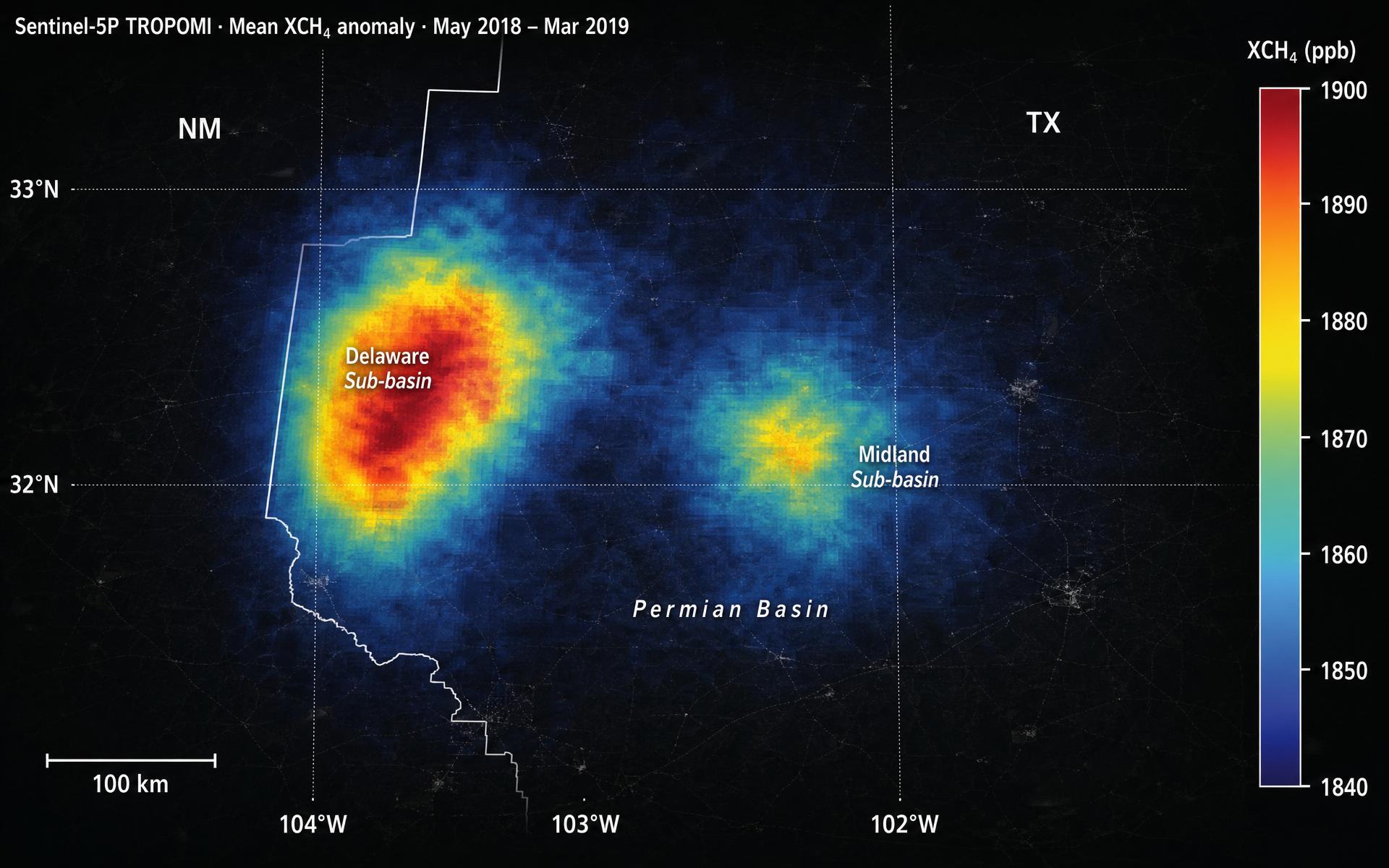 Sentinel-5P TROPOMI mean XCH₄ column anomaly over the Permian Basin, May 2018 – March 2019, showing an elevated methane hotspot over the Delaware sub-basin.